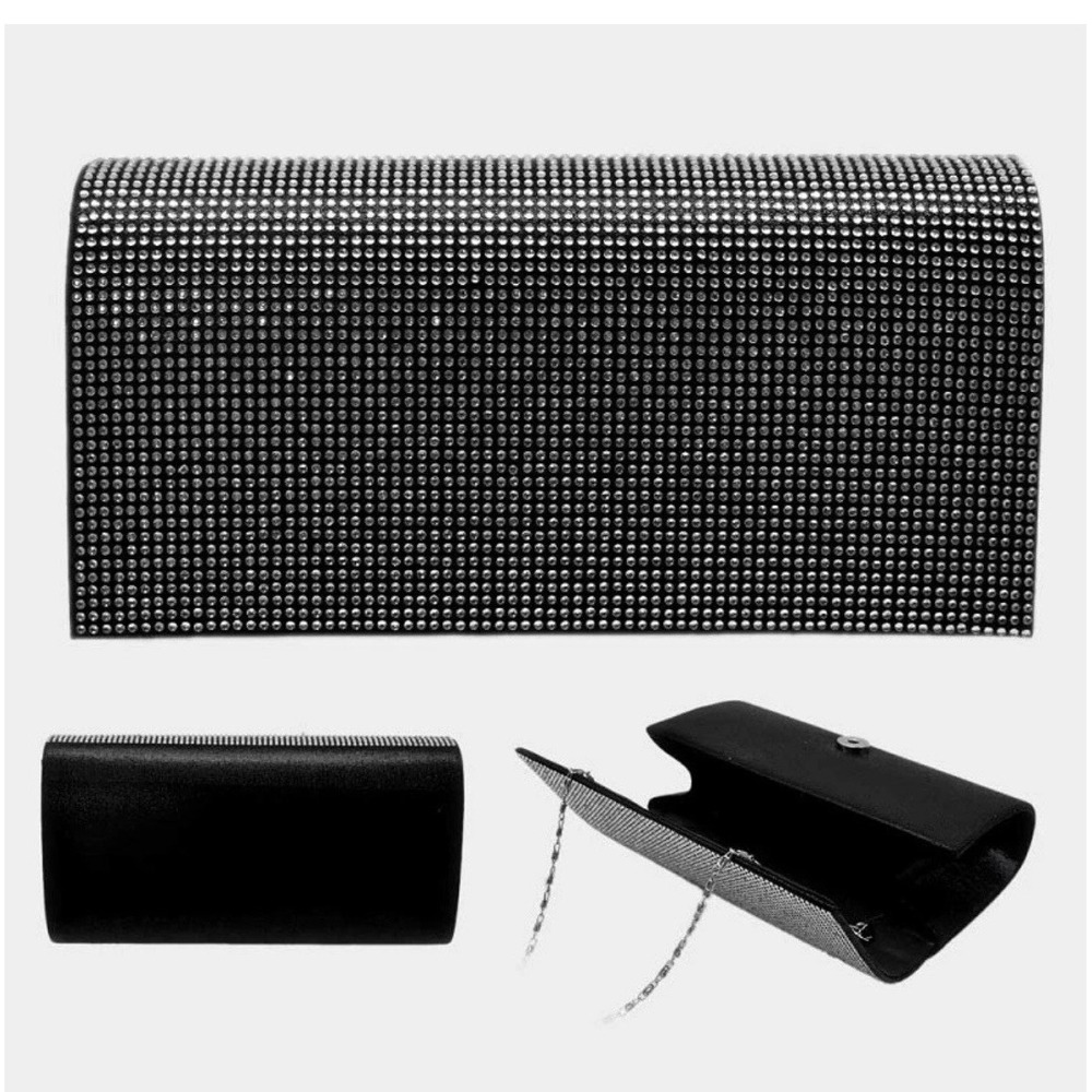 SOPHIA COLLECTION BLACK EVENING CLUTCH PURSE CLEAR STONES ( 11925 )